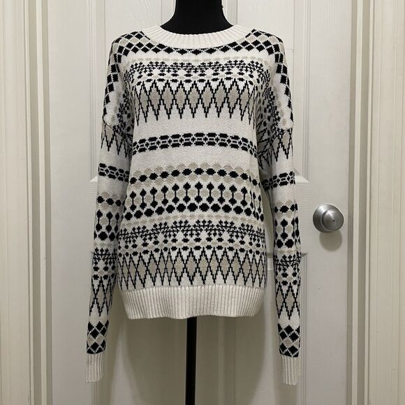Chaps Fair Isle Knit Pullover Sweater White Black Nordic Cabin Women’s X-Large - Picture 1 of 11